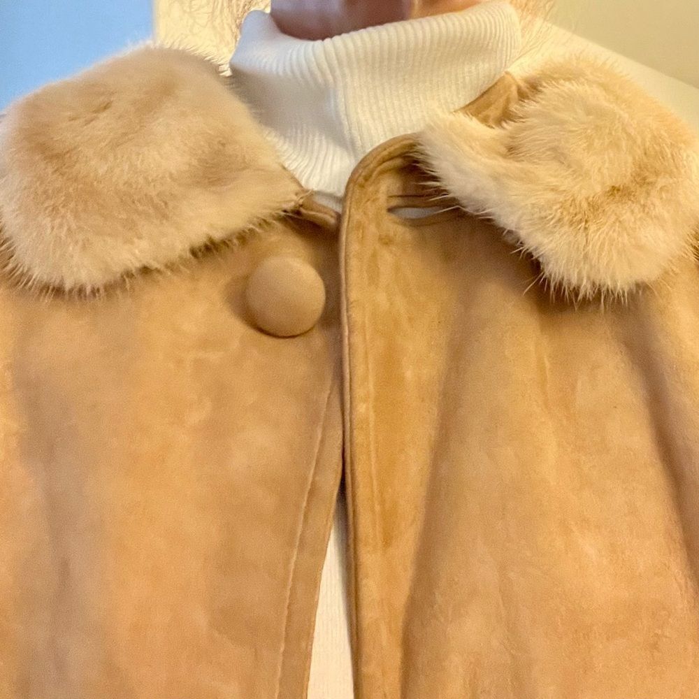 Vtg 50s Suede Leather Jacket Mink Fur Collar Cream 3/4 Sleeve Field Coat L - Picture 7 of 16
